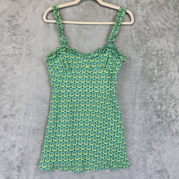 ZARA Dress Womens Medium Green Floral Daisy Print Smocked Ruched Straps Mini - Picture 1 of 9